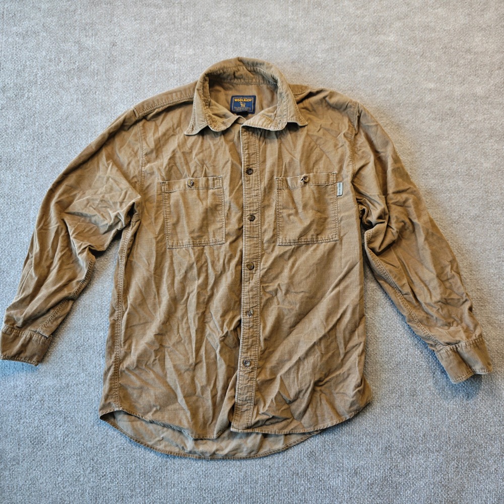 Woolrich Mens Corduroy Button Down Shirt Tan Khaki Long Sleeve Size Medium - Picture 2 of 8